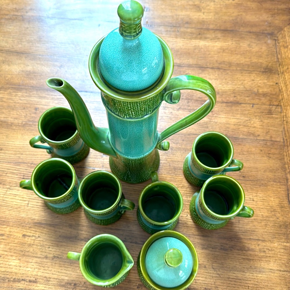 Vintage MCM Green Ceramic Coffee Set | Carafe 16 1/2 tall by 8 1/2 wide - Picture 8 of 17
